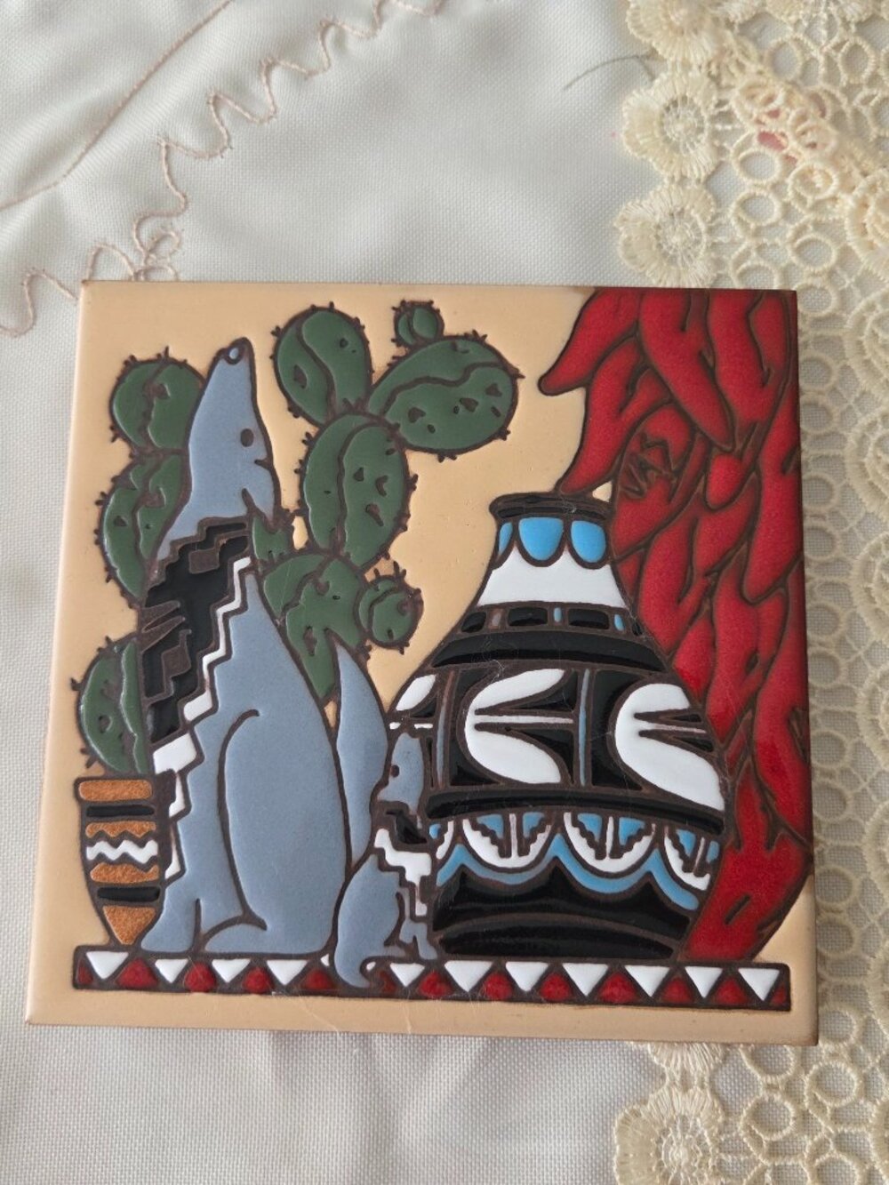 Vintage 1990s Earthtones "The Serenading Coyotes" Ceramic Tile Trivet